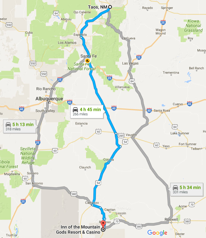 Map and Directions from Taos to Inn of the Mountain Gods